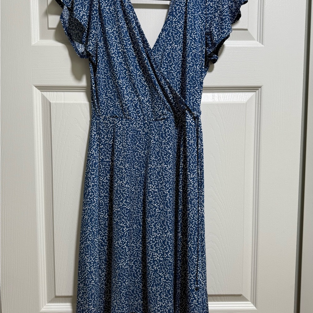 Kaileigh Blue and White Ruffled Wrap Midi Dress